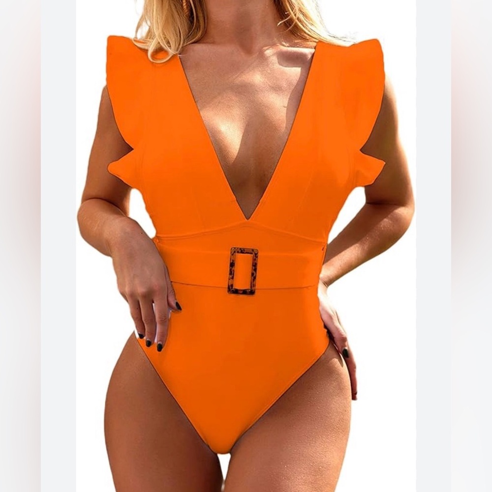 NWT Ananova Vibrant PEACH Plunge ruffle Swimsuit size XL